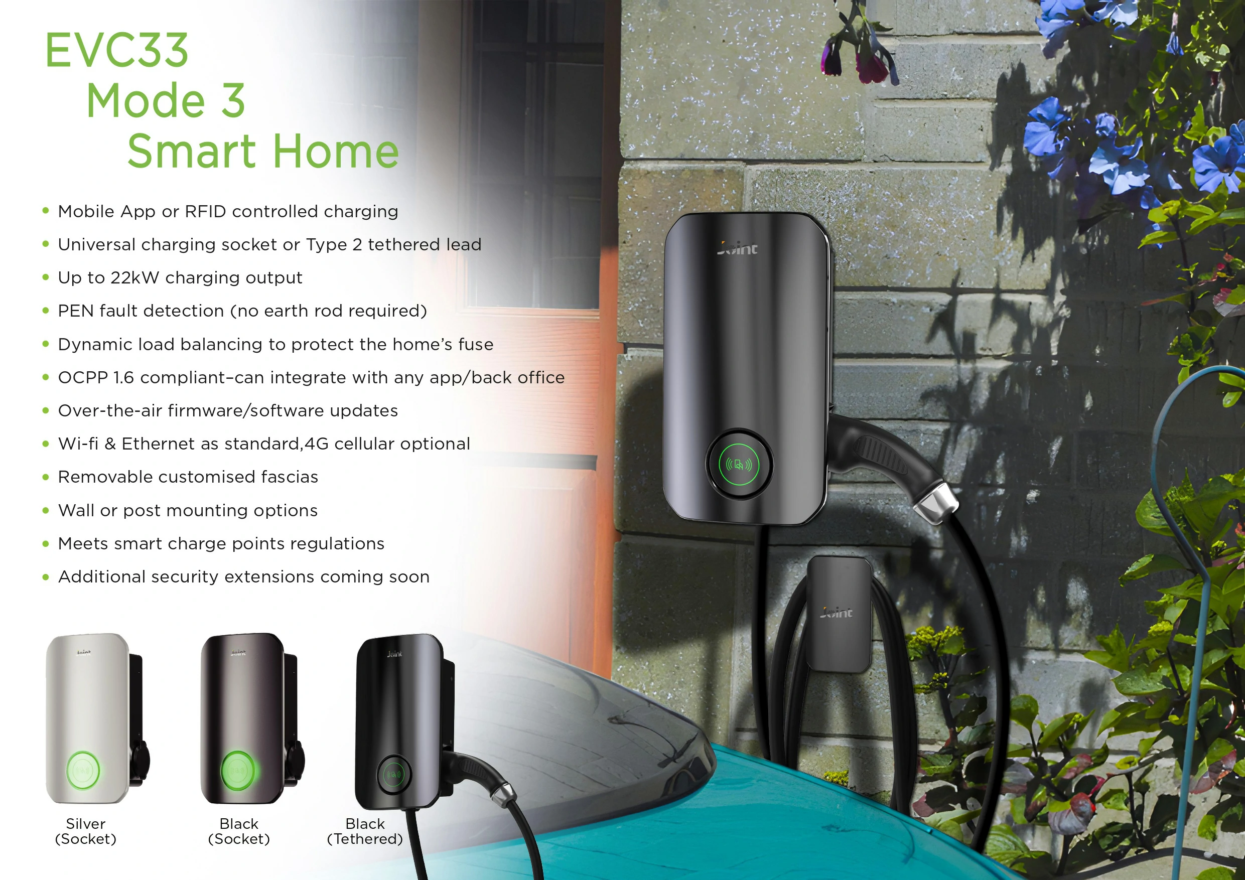 Joint Tech EVC33 smart home charging has some functions,such as dynamic load balancing,PEN-fault detection(no earth rod required).