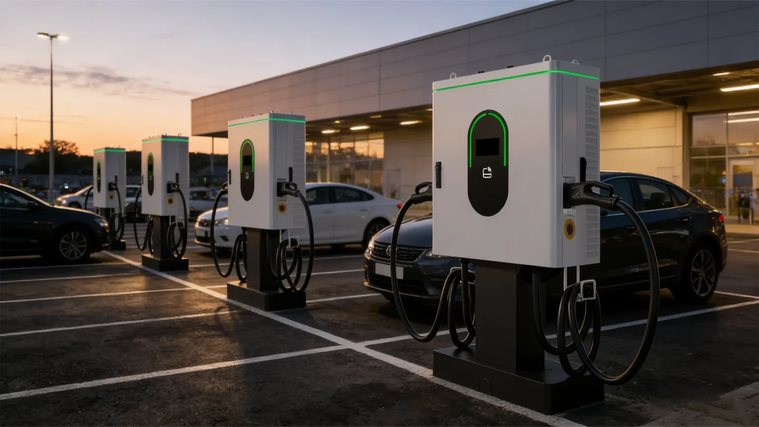 Commercial fleet charging depot with DC fast chargers and battery storage for overnight depot charging