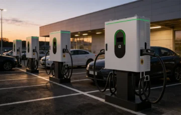 Commercial fleet charging depot with DC fast chargers and battery storage for overnight depot charging