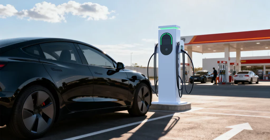 EVM007 Stand EV Charger with two charging guns for gas station charging solution EVM007 Stand EV Charger with two charging guns for gas station charging solution