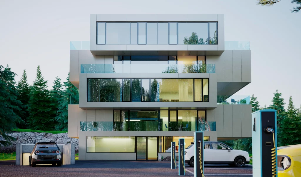 three electric-cars are charging on the Real Estate