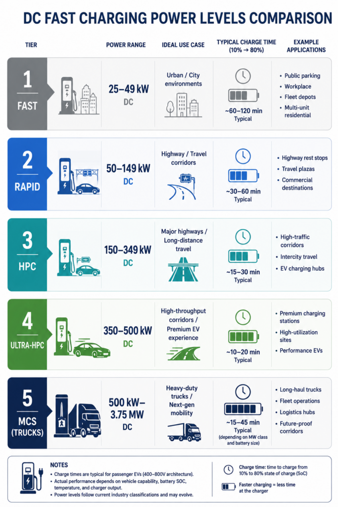 DC fast charging power classification. DC fast charging power classification. Note: labels are descriptive industry convention, not binding IEC or SAE standards.