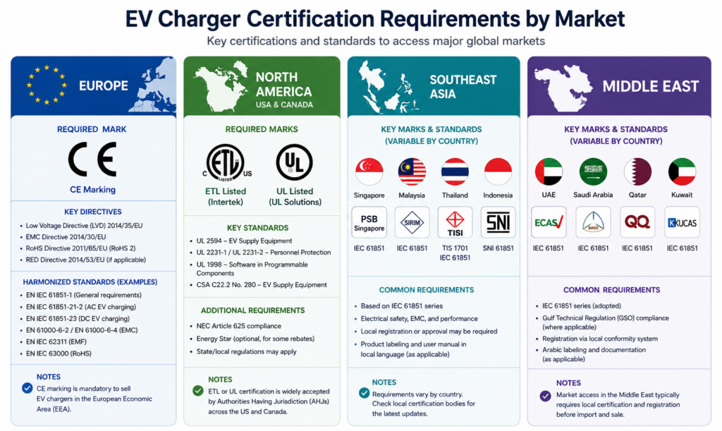 EV charger certification requirements by market showing CE for Europe, ETL/UL for North America, and regional standards for Southeast Asia and Middle East EV charger certification requirements by market showing CE for Europe, ETL/UL for North America, and regional standards for Southeast Asia and Middle East
