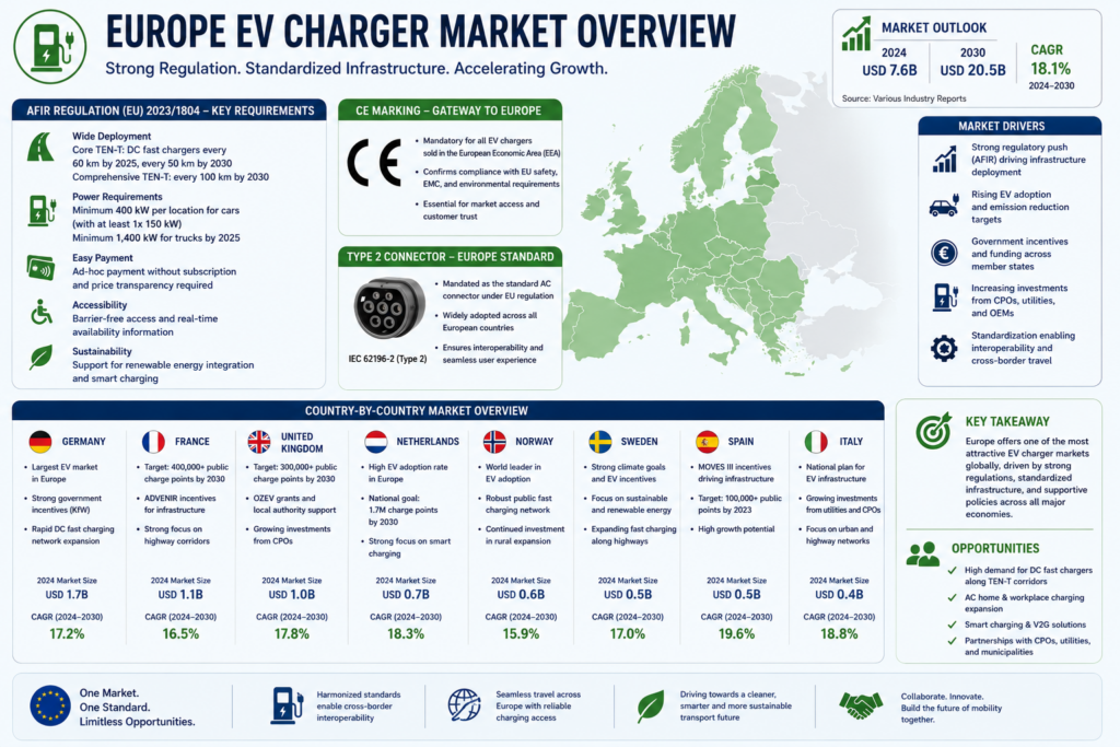 Europe EV charger market showing AFIR regulation requirements, CE marking, Type 2 connector standard and country-by-country market overview Europe EV charger market showing AFIR regulation requirements, CE marking, Type 2 connector standard and country-by-country market overview