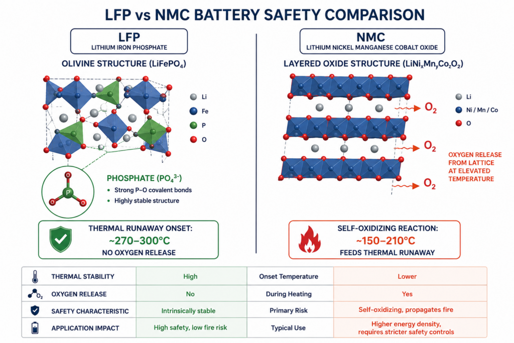 LFP vs. NMC thermal safety comparison.