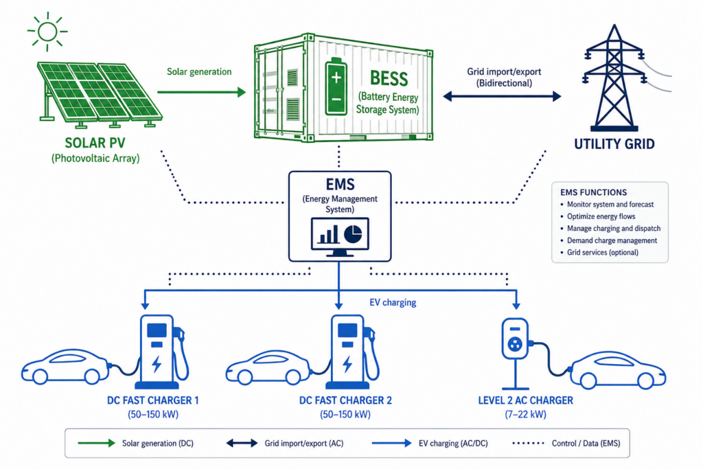 PV + ESS + EVSE integrated system: BESS coordinates energy flows between solar generation, the grid, and EV charging infrastructure via an EMS. PV + ESS + EVSE integrated system: BESS coordinates energy flows between solar generation, the grid, and EV charging infrastructure via an EMS.