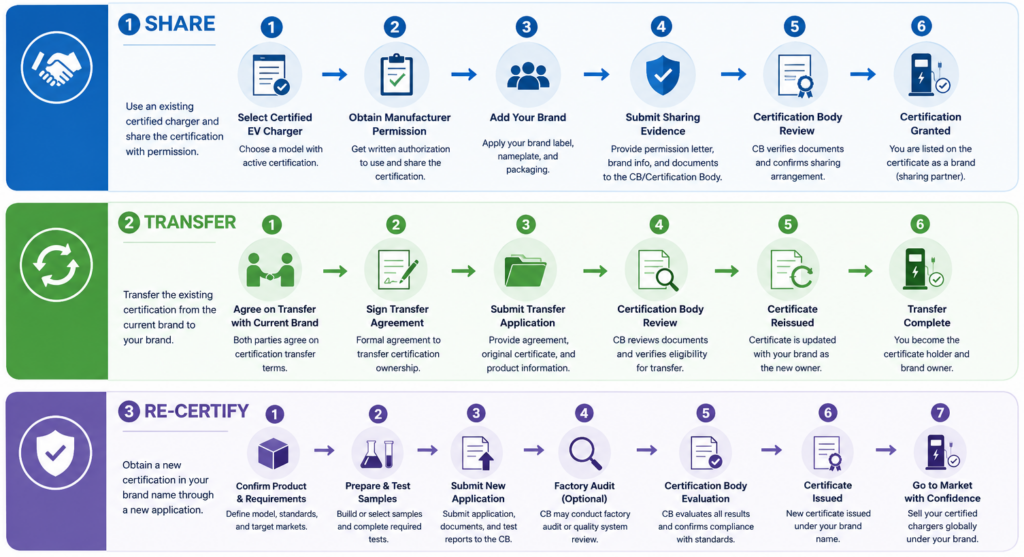 Three EV charger certification paths for private label brands — share, transfer, and re-certify — shown as three distinct process flows Three EV charger certification paths for private label brands — share, transfer, and re-certify — shown as three distinct process flows