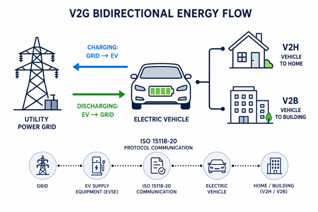 V2G bidirectional energy flow V2G bidirectional energy flow: the EV battery both accepts charge from the grid and exports energy back on demand, governed by ISO 15118-20 communication.