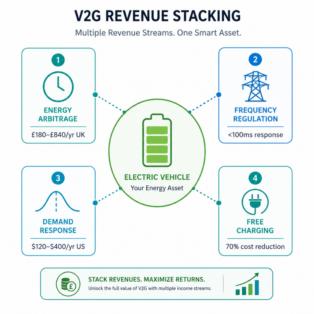 V2G value stacking V2G value stacking: EV owners and fleet operators can earn revenue from multiple grid services simultaneously, with returns varying significantly by market and program.