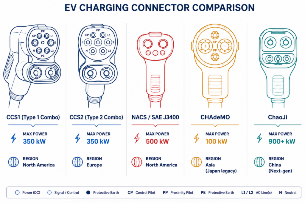DC fast charging connector comparison: physical form and electrical specifications for CCS1/2, NACS/J3400, CHAdeMO, and ChaoJi.