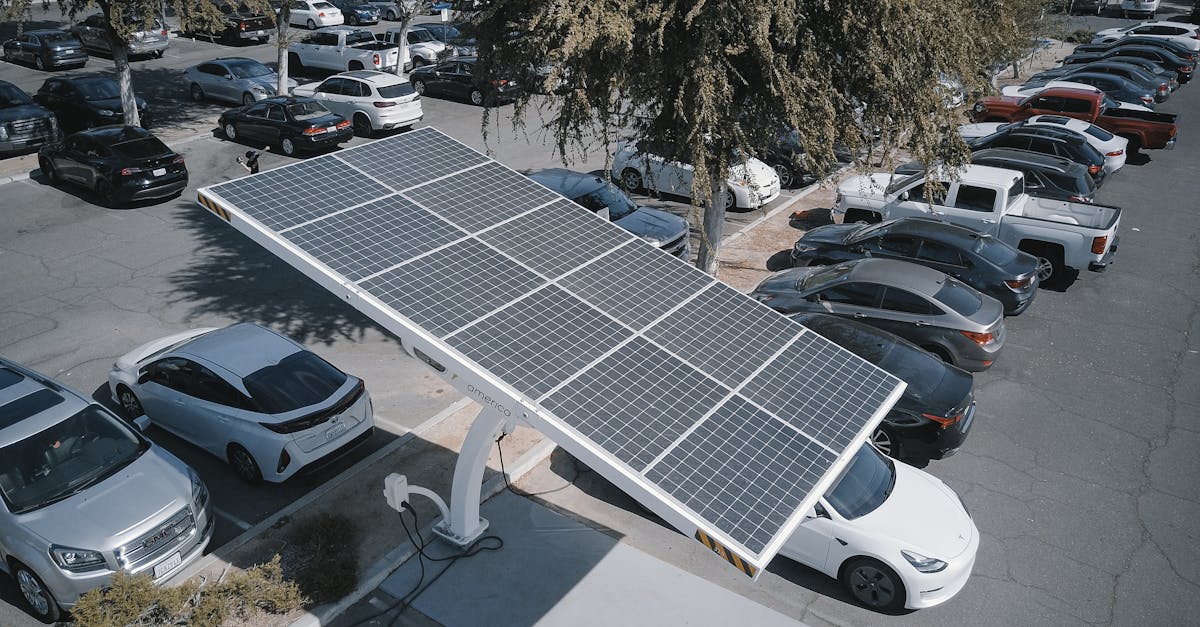 Electric cars charging at a solar-powered station in a parking lot.